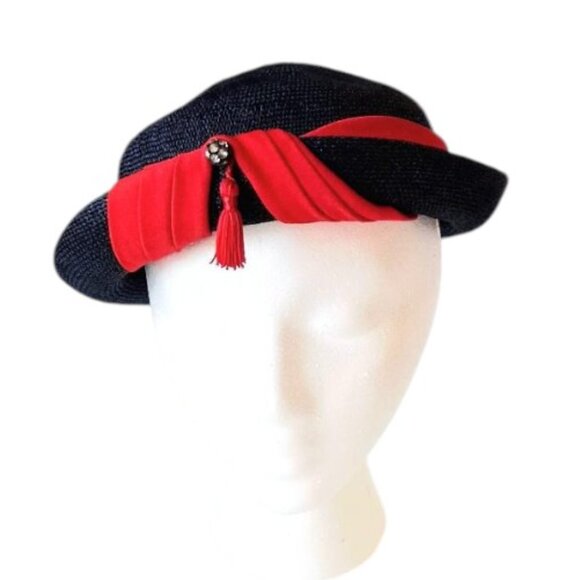 Mid-Century "Ellen Jane" Navy Blue Straw Derby Style Hat w/Red Ribbon Trim - Picture 2 of 11